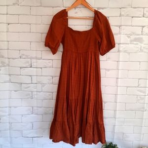 Lovely Day - Midi Dress w/Puff Sleeve - Burnt Orange- Sz Large